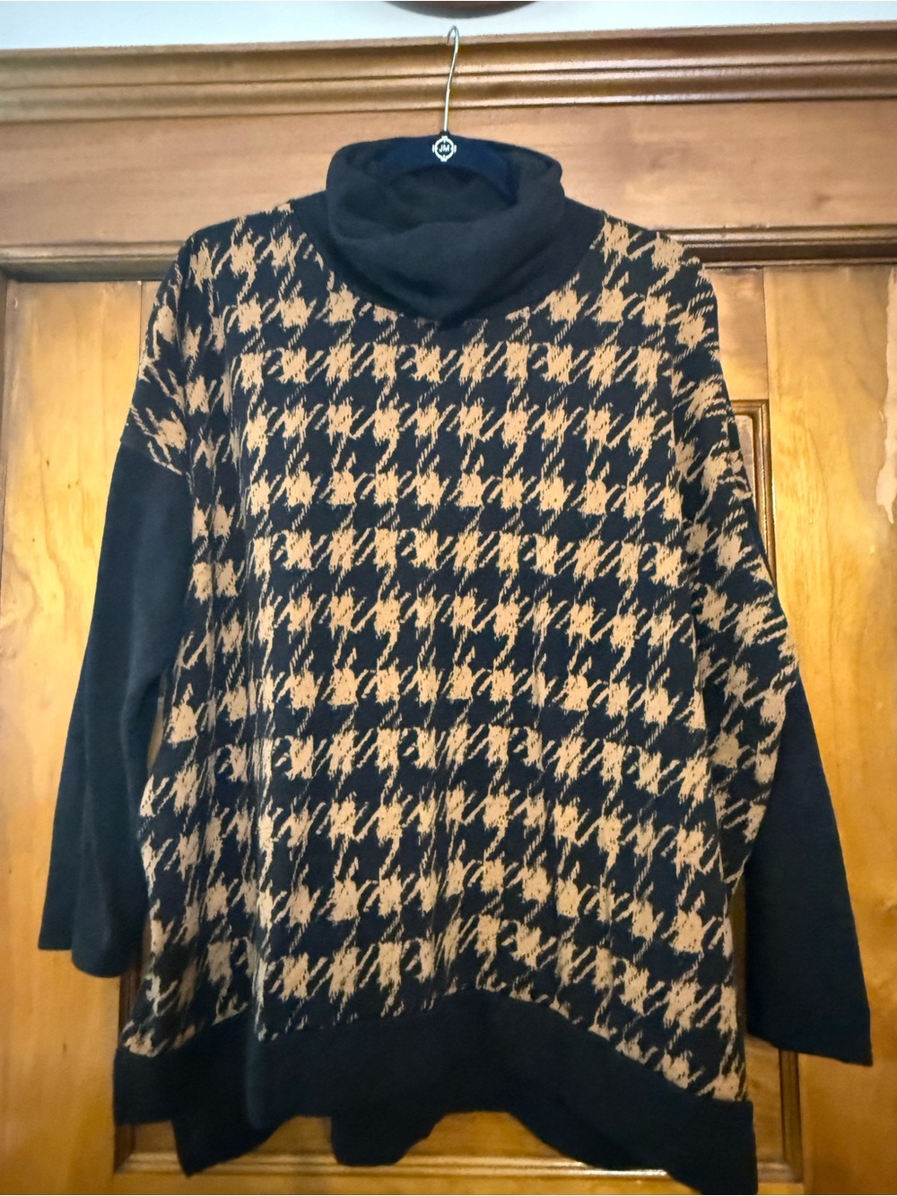 Jade By Jane Black and Tan Houndstooth Cowl Neck Sweater